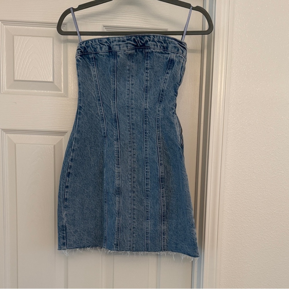 Zara Light Blue Strapless Denim Mini Dress